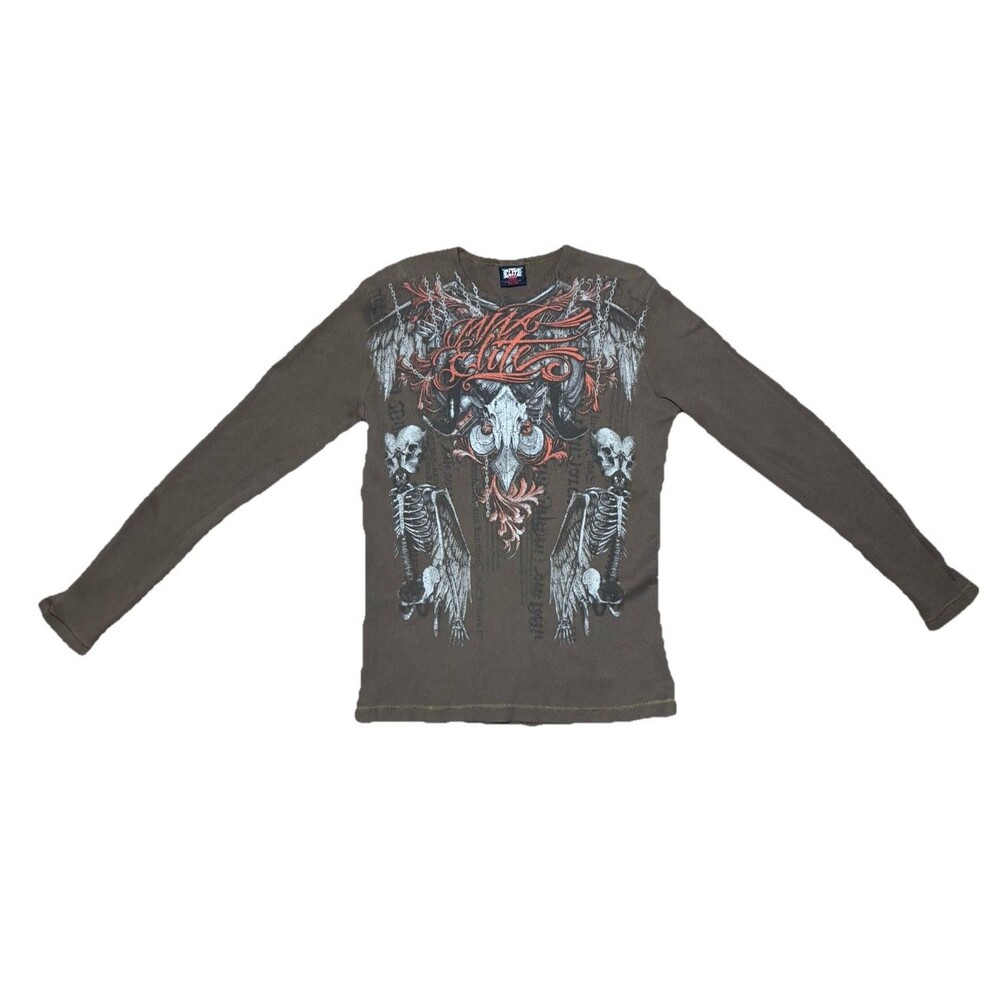 Y2K MMA Elite Waffle Knit Long Sleeve Men’s Skull Fluer De Lis Grunge AOP L